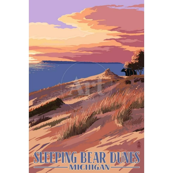 Sleeping Bear Dunes, Michigan Dunes Sunset and Bear, Unframed Premium Giclee Print Wall Art by Lantern Press Sold by ArtCom