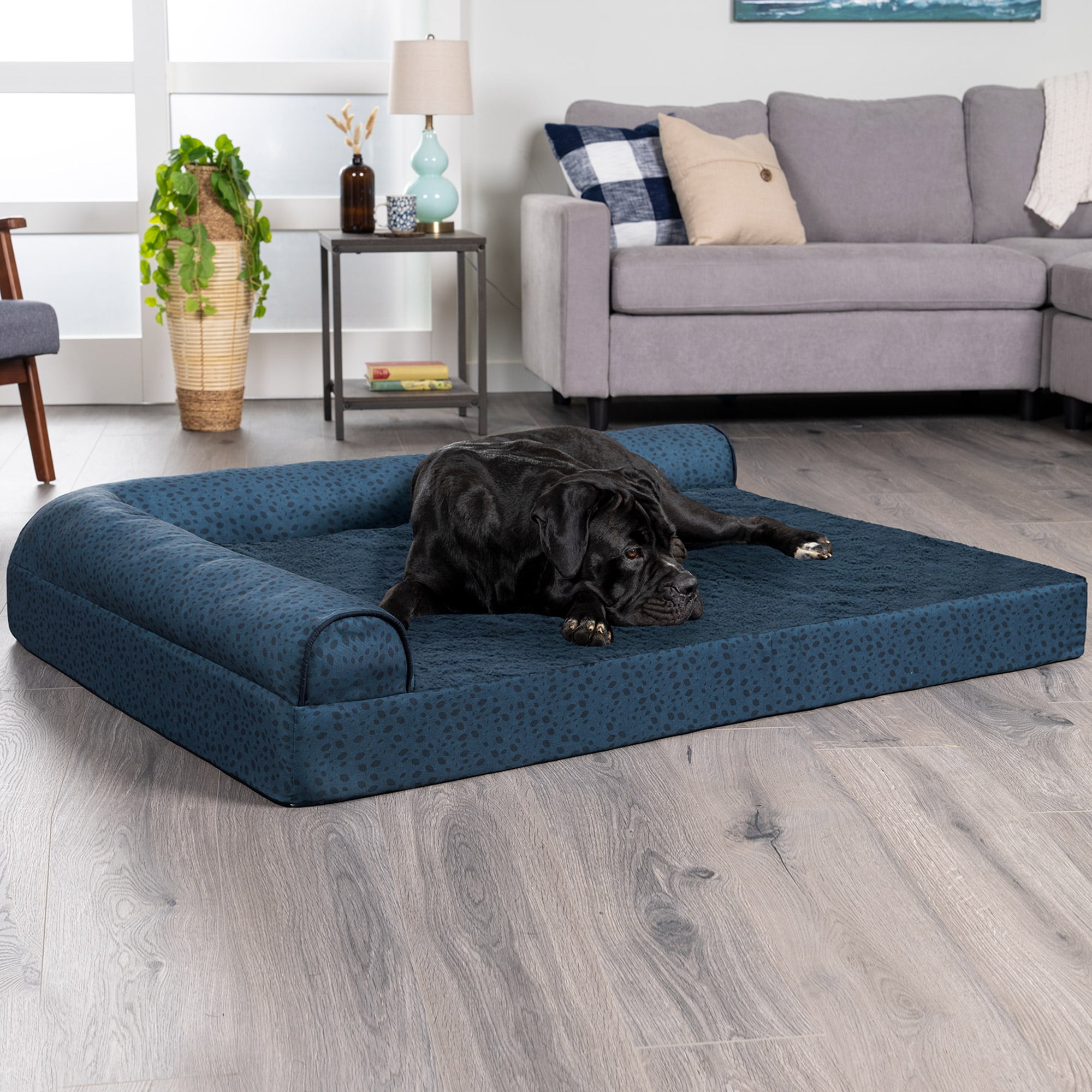 FurHaven Pet Products Plush Faux Fur & Almond Print Orthopedic Deluxe L-Chaise Sofa Pet Bed for Dogs & Cats - Blue Almonds, Jumbo Plus