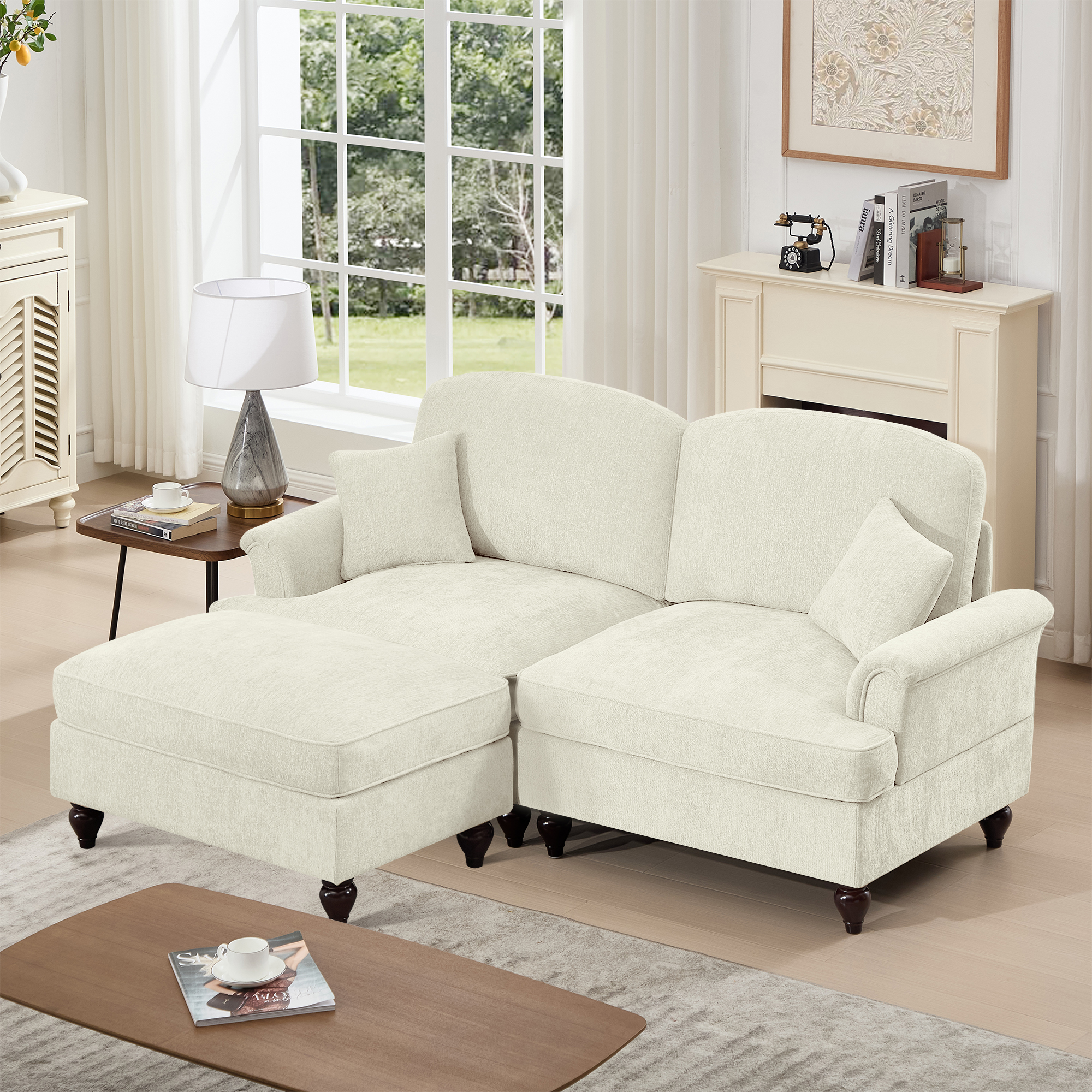 Newest Elegant Large Two Seater Modular L Shaped Sofa Couch, Flared Arms, Removable Ruffles Pleats Skirts, Spindle Legs,Comfy Chenille Loveseat Sofa, Movable Ottoman,Beige White