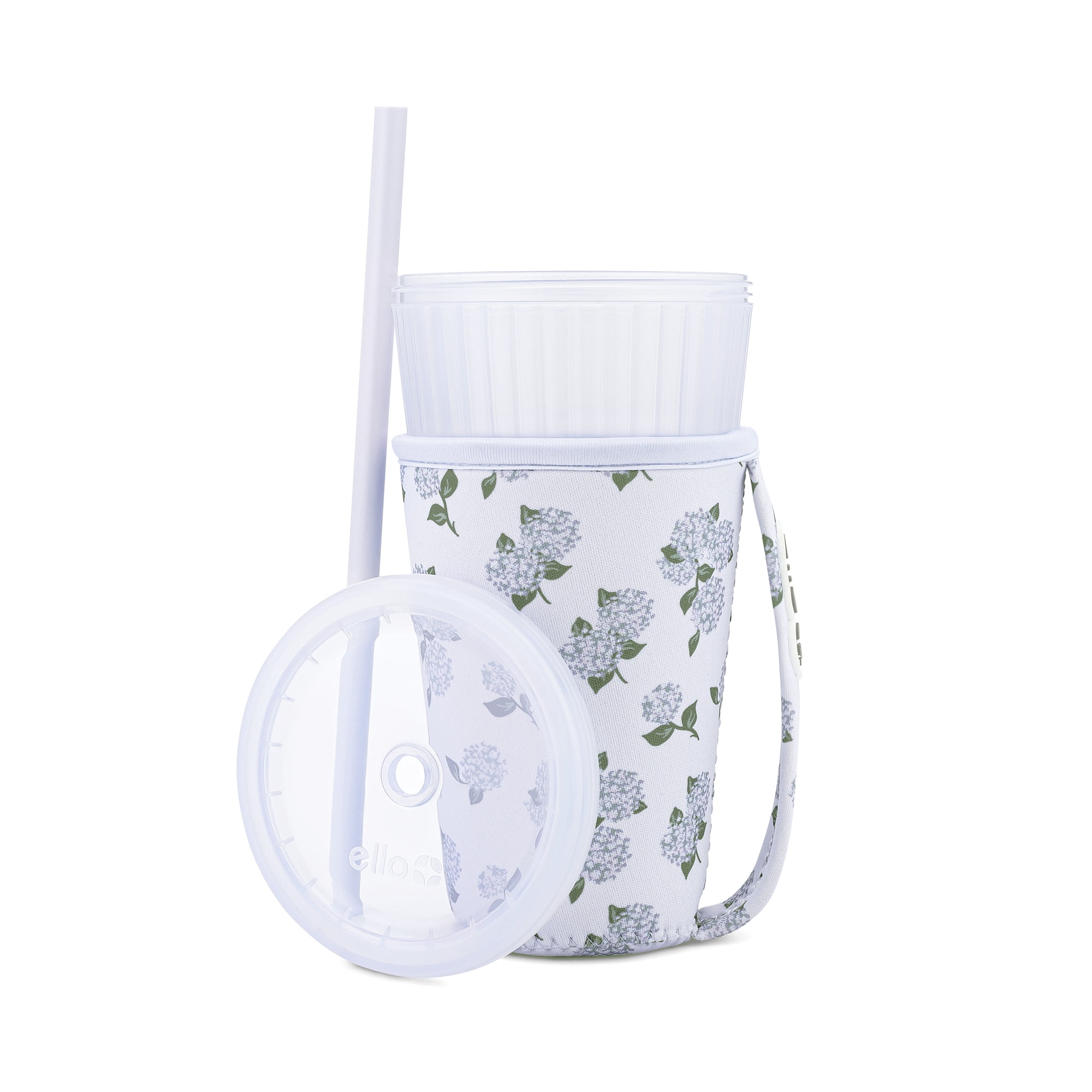Ello Iced Coffee Cooler, 24oz Reusable Coffee Tumbler with Straw Lid and Neoprene Sleeve, Car Cup Friendly, BPA-Free, Hydrangea Blooms
