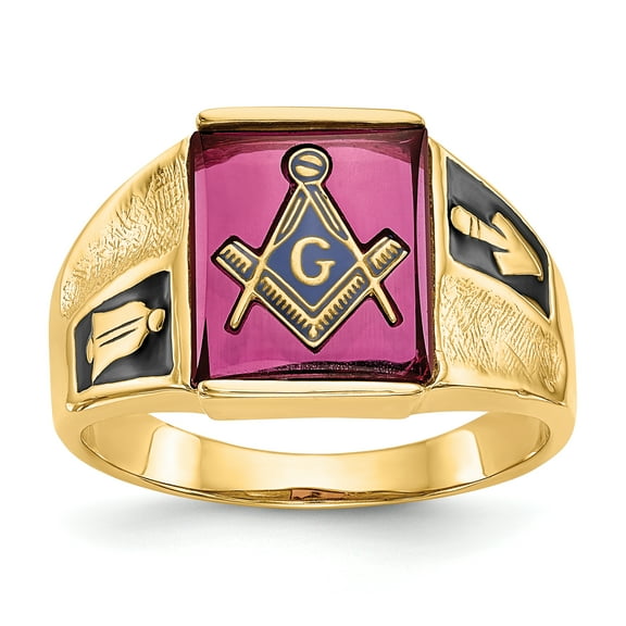14K Yellow Gold Men's Synthetic Ruby Masonic Ring Size 10