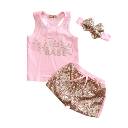

Kuriozud Baby Girl Letter Print Crew Neck Vest Sequins Shorts Headband Set
