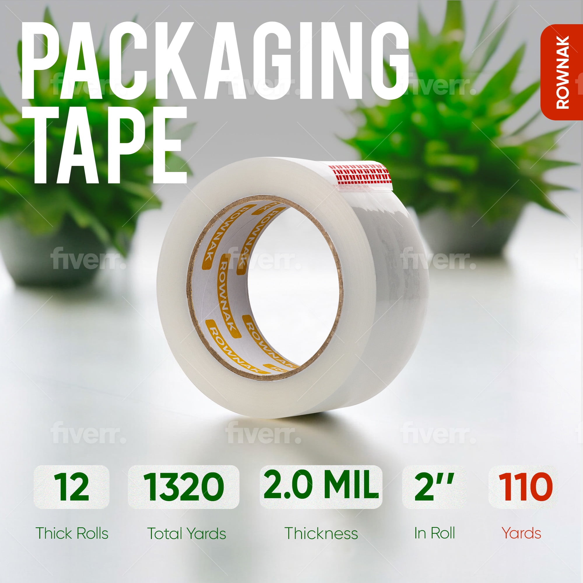 ROWNAK Clear Heavy Duty Packaging Tape- 12 Rolls, 2.0 in.Wide x 110 Yards, 2.0mil Thick