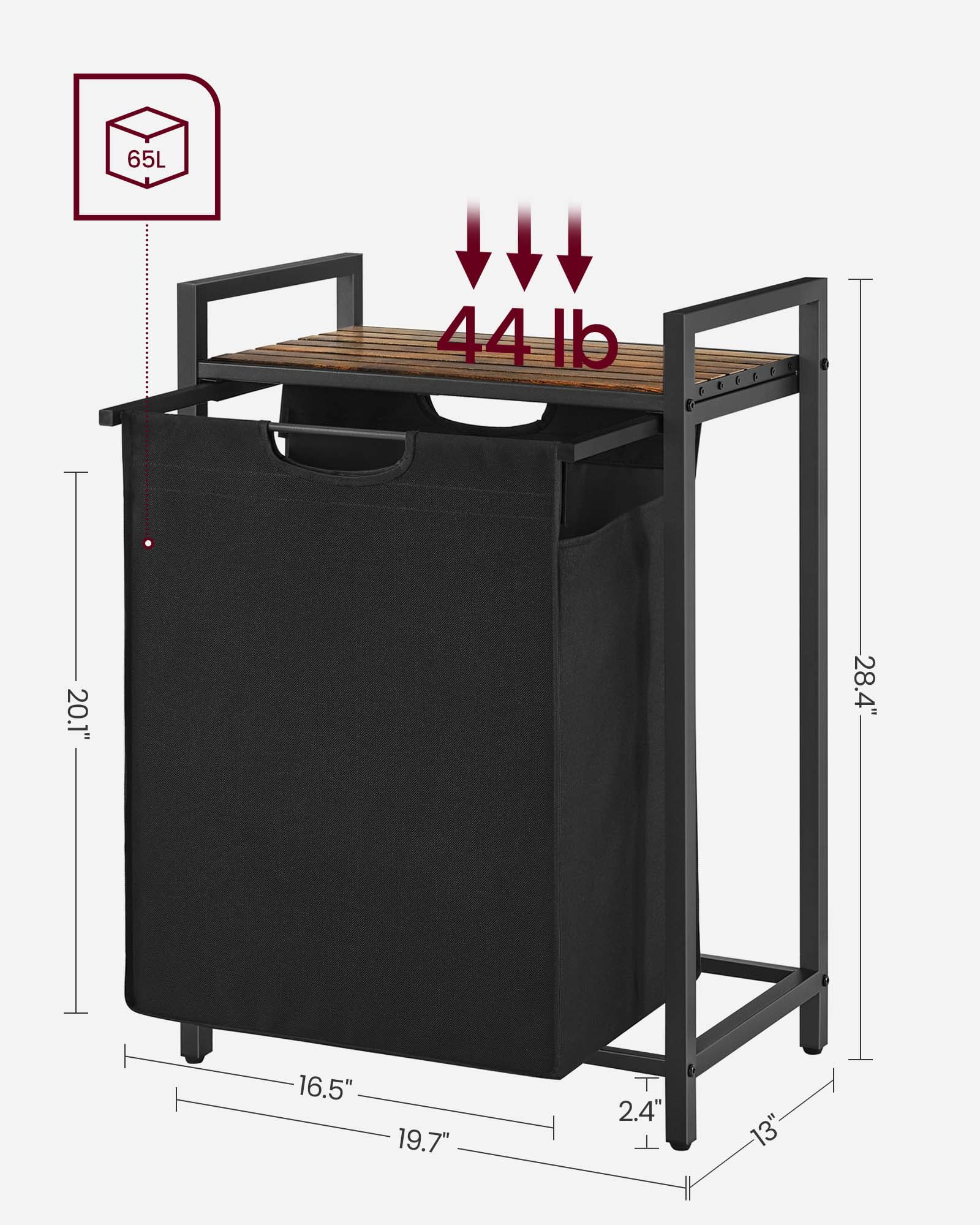 Laundry Hamper, Laundry Basket, 17.2 gal Laundry Sorter with A Pull-Out and Removable Bag, Shelf, Metal Frame, 19.7 x 13 x 28.4 in Black and Rustic Brown