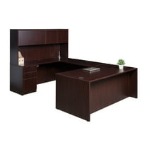 Boss Office Products 66 Inch Executive U-Shape Desk with Box/Box/File Storage Pedestal and 4 door Hutch, Mahogany