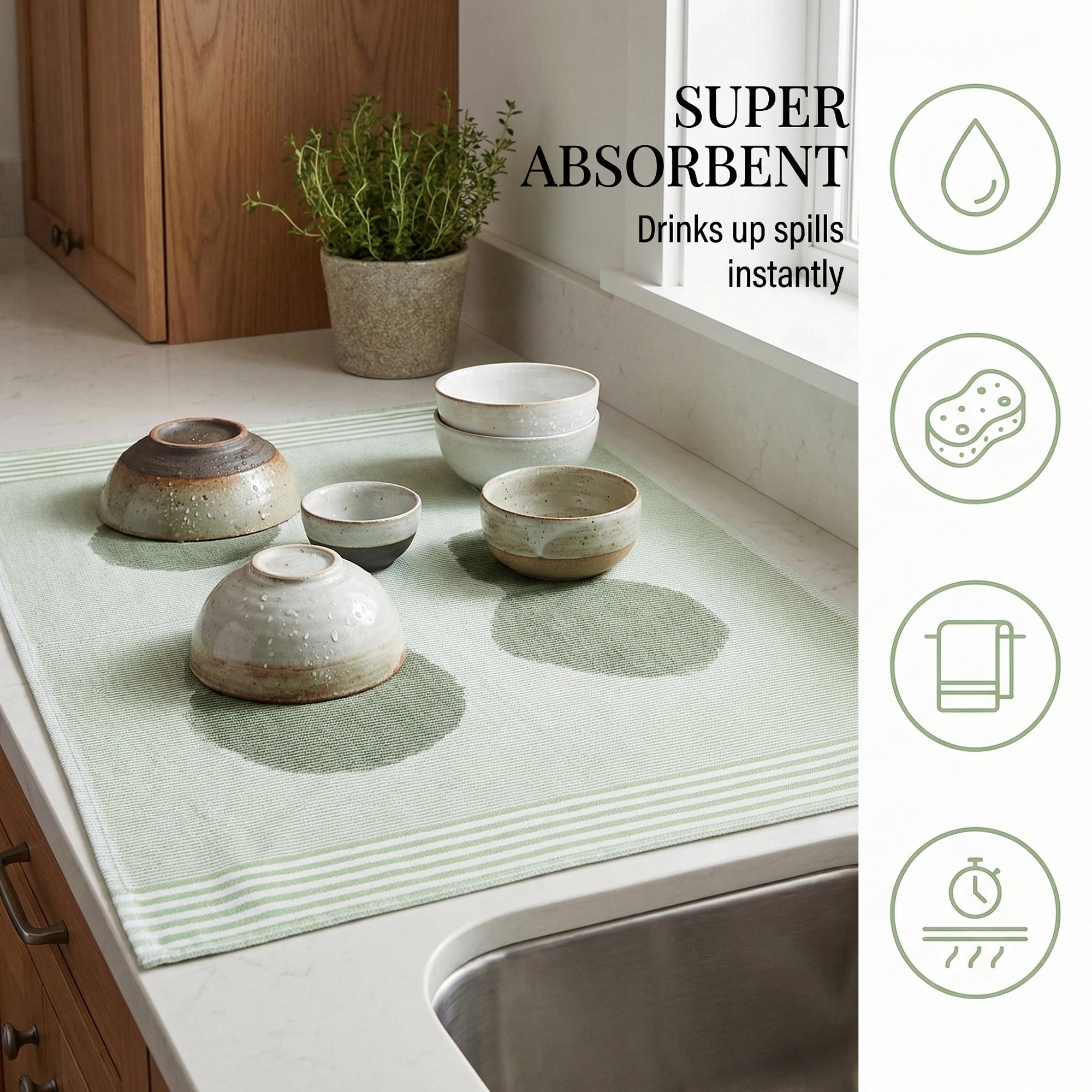 Unique Bargains 100% Cotton Striped Quick Dry Kitchen Towels Khaki 4 Pack Green 26" x 18"