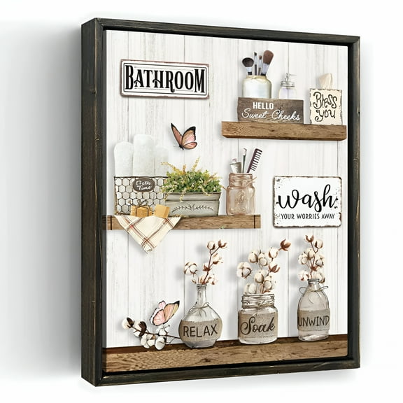 LAMIRO Farmhouse Bathroom Decor Wall Art Rustic Flower and Butterfly Bathroom Pictures Canvas Print Country Bathroom Wall Decor Soak Relax Unwind Bathroom Wall Art with Handmade Vintage Wood Framed