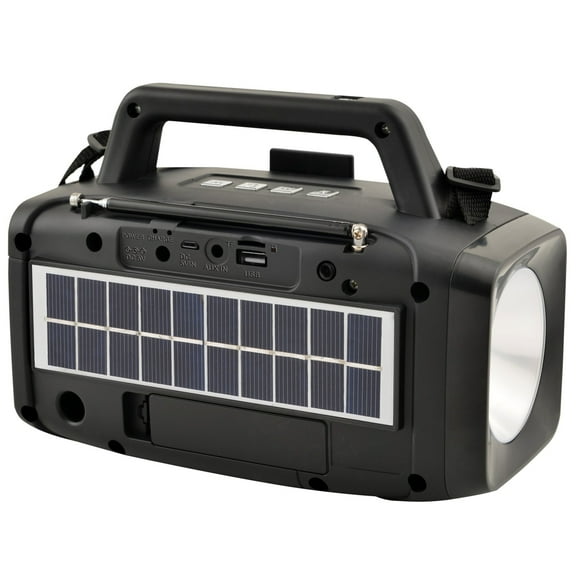 Supersonic SC-1074ER Solar Power Speaker with FM Radio & LED Flashlight, 360° Antenna, Smartphone Stand, LED Flashlight, USB/Micro SD. Rechargeable Battery, Solar Panel, Enjoy Music for 1-1.2 Hours