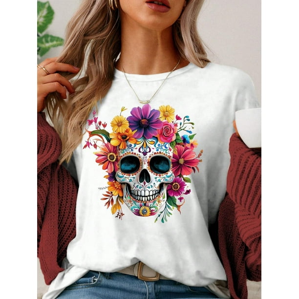 Casual Skull Flower Graphic Print Round Neck Short Sleeve Fitted Women T-Shirt