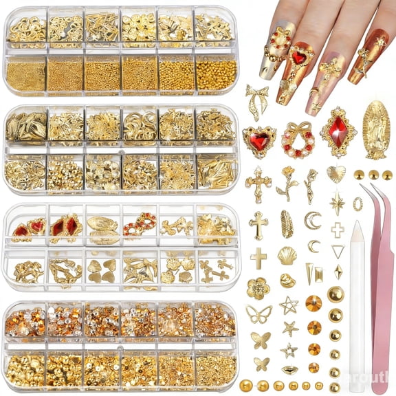 Jiaroutk Gold Nail Charms and Gems Set,4 Boxes Gold Rhinestones &Charms|Rhombus, Cross, Christmas Wreath, Butterfly,3D Cross Nail Charms for Nail Art, DIY Decorations
