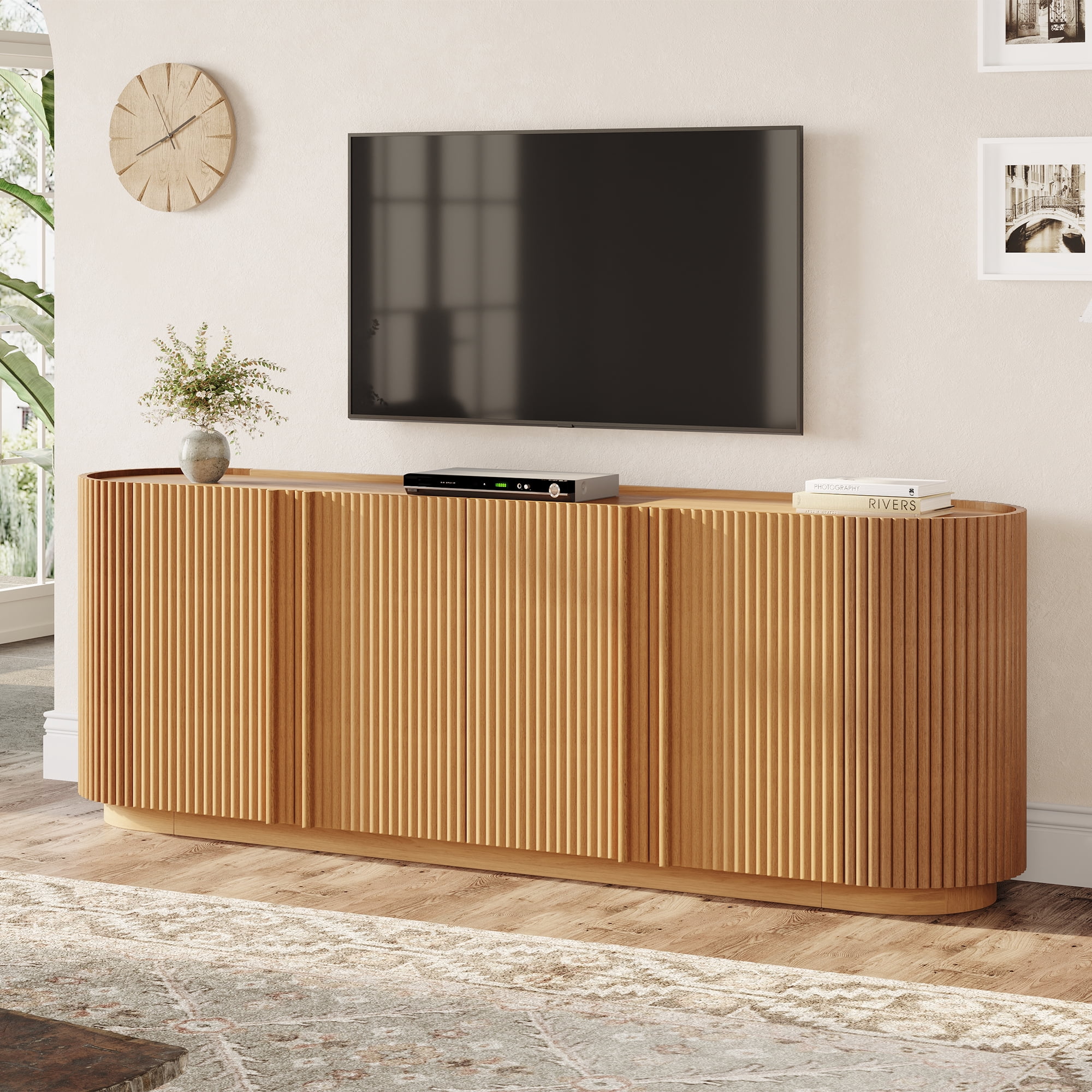 Aukfa Mid Century Modern Fluted TV Stand for TVs up to 70",Entertainment Center,Curved Design,Natural