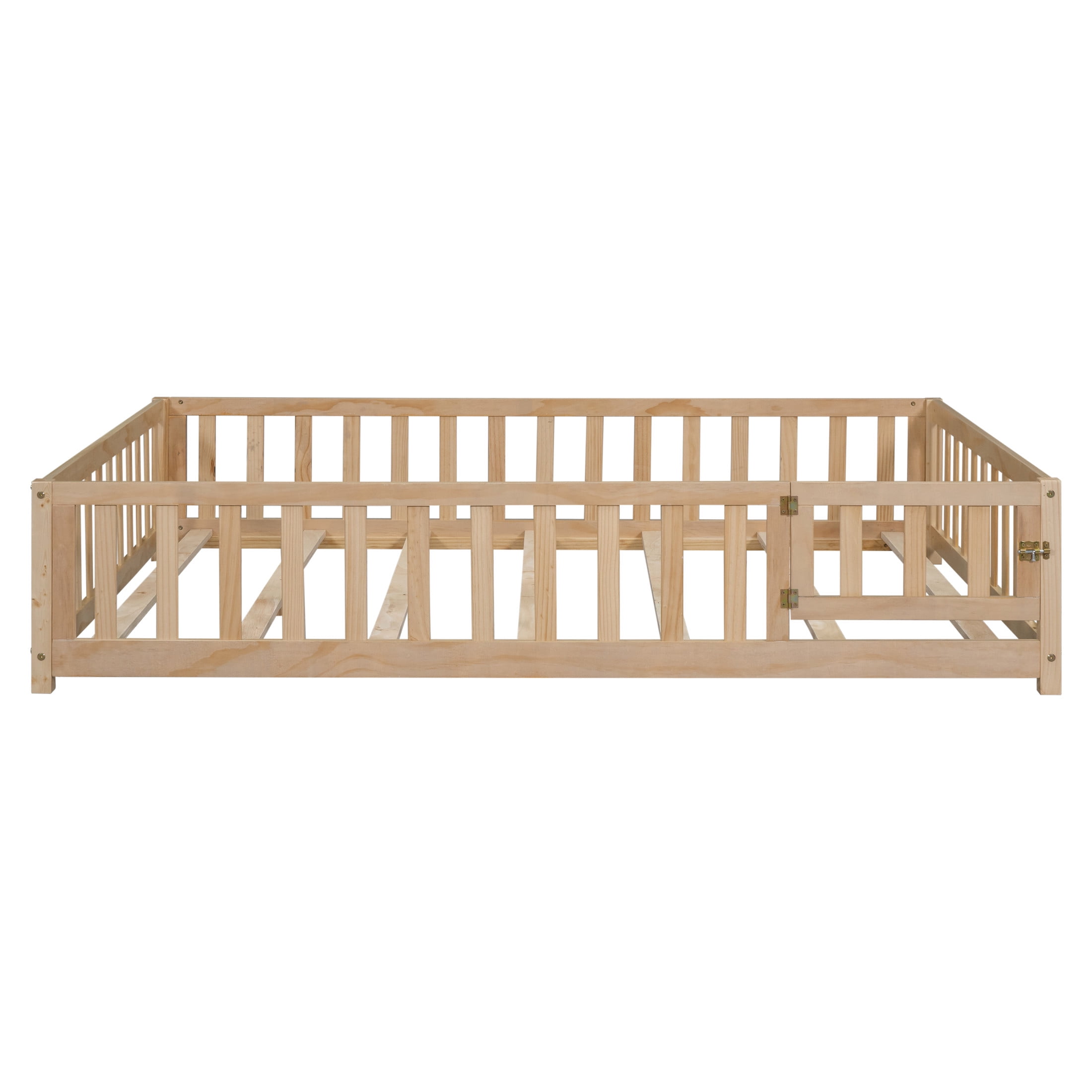 Noble House Full-Size Montessori Floor Platform Bed, Solid Wood Floor Beds with Fence & Door, Toddler-Safe, Natural