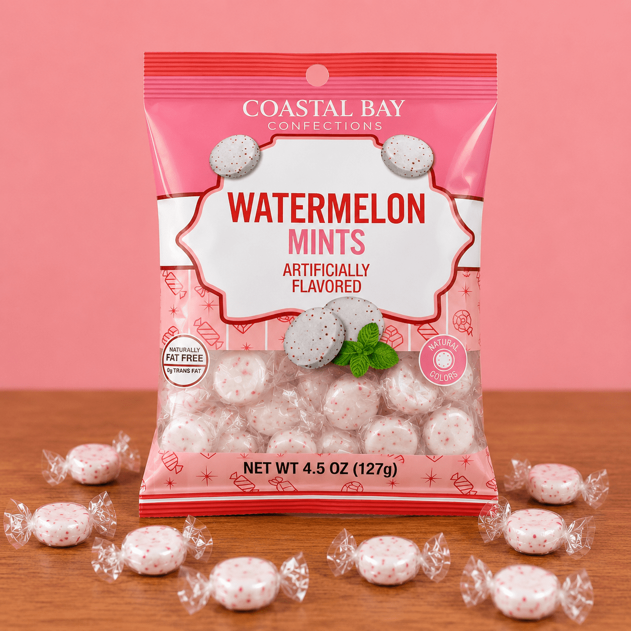 Coastal Bay Confections Watermelon Mints Hard Candy, Individually Wrapped Watermelon Mint Candy, 4.5 oz Bag