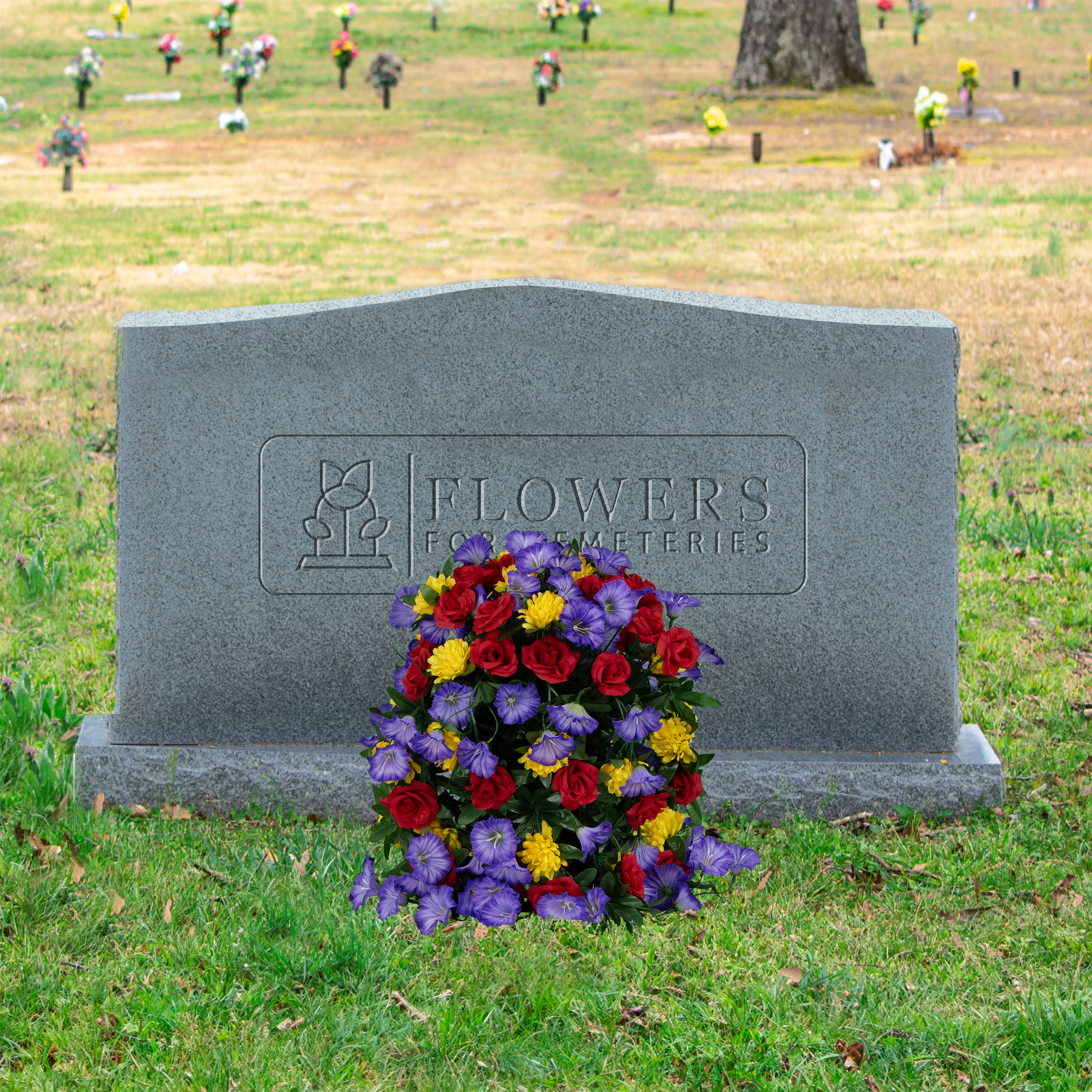 Sympathy Silks Artificial Flowers Outside Weighted Trailing Red Roses Purple Morning Glories and Yellow Mums Pot