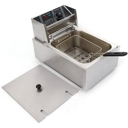 

6L Commercial Electric Deep Fryer w/Basket and Steel Lid 1700W Stainless Steel Single Tank Frying Machine For Commercial Restaurant Countertop Family Food Cooking French Fries Chicken