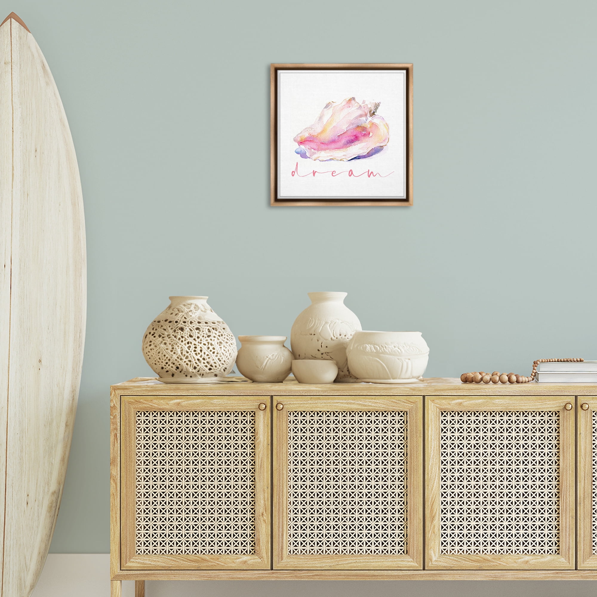 Stupell Industries Conch Dream Phrase Nautical & Beach Painting Brown Floater Framed Canvas Art Print Wall Art, 18 x 18