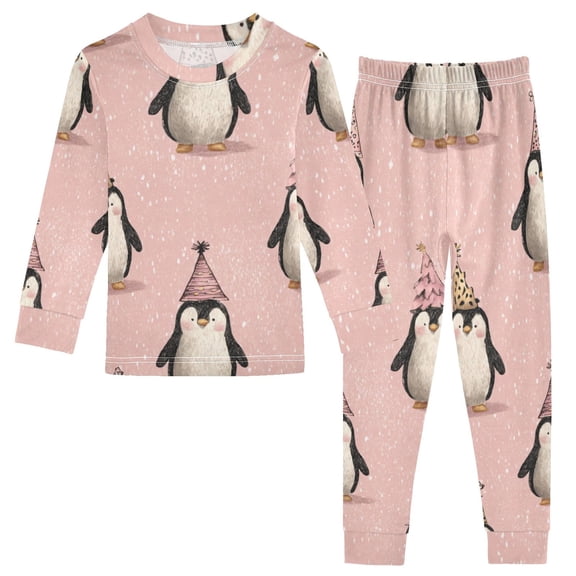 Cute Penguins in Christmas Party Cotton Pajama Set Long Sleeve Top and Pants Sleepwear Unisex 18M
