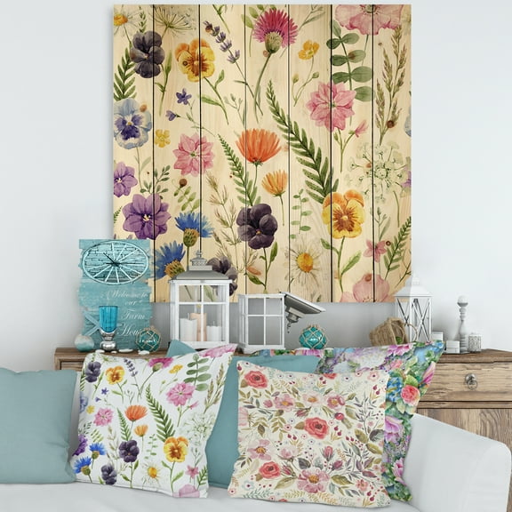 Designart 'Coloful Wildflowers Floral Pattern I' Traditional Print on Natural Pine Wood