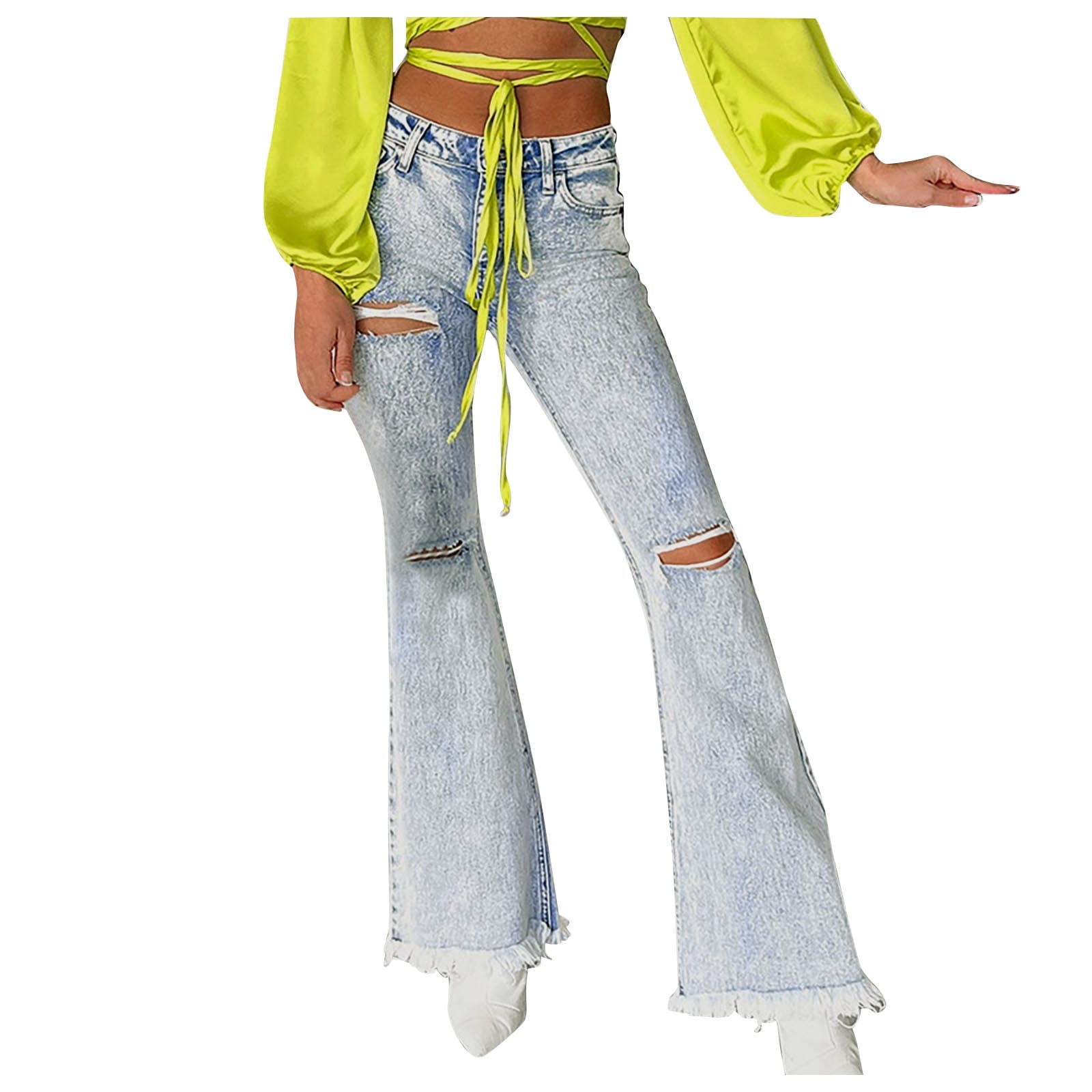 Besolor Women s Stretchy Ripped Jeans Bell Bottom Flare Jeans Mid Rise Destroyed Raw Frayed Hem Denim Pants Trousers