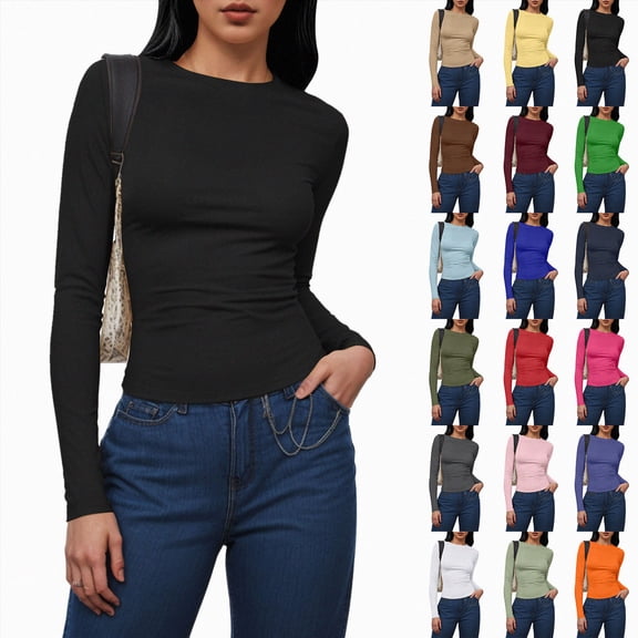 COMVALUE Double Lined High Round Neck Long Sleeve Tops for Women with Built in Bra Nylon Basic Crop Fall Tee Shirts (Green, L)