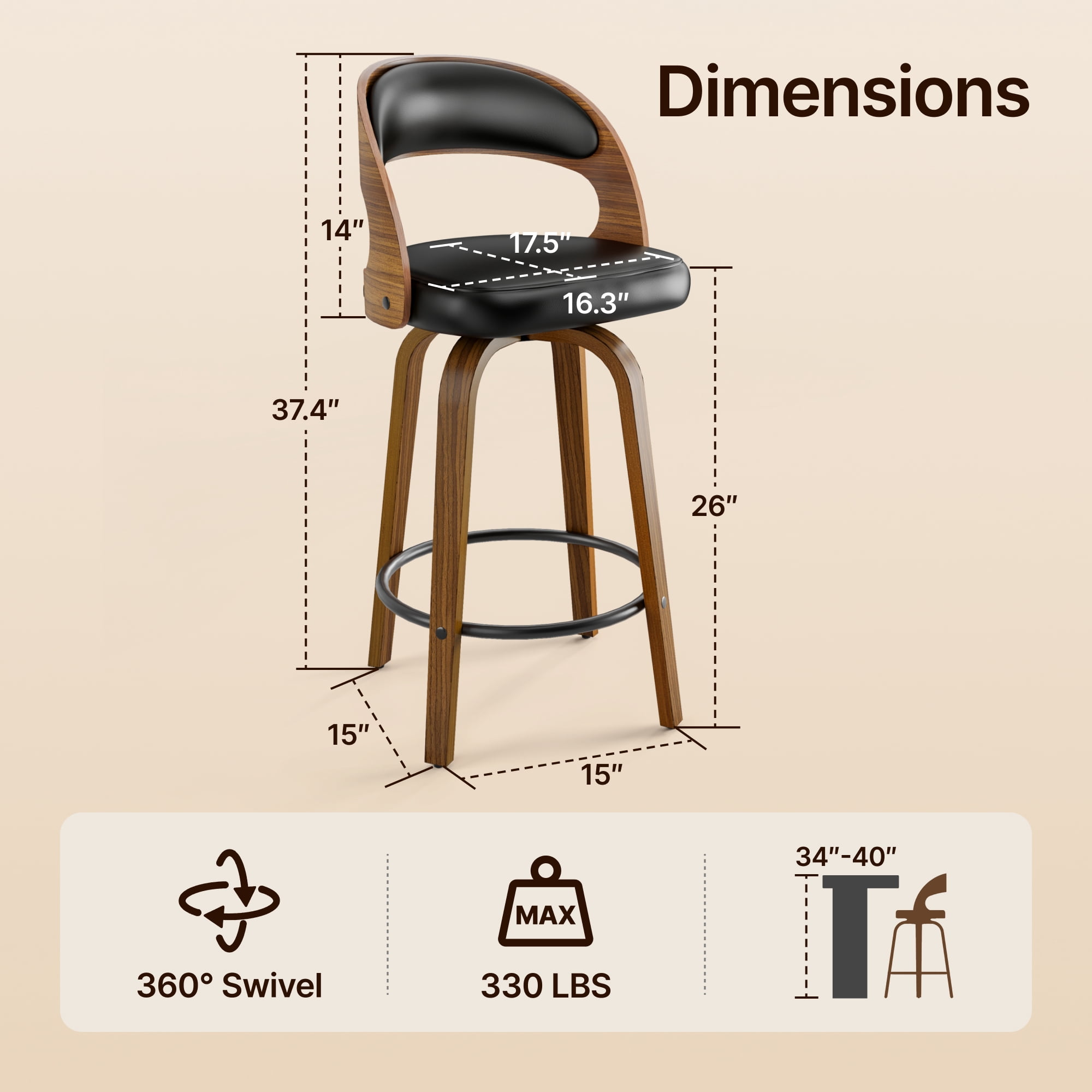 SUNCOZE Bar Stools Set of 2, 26 Inch Counter Height Modern Swivel Bar Chairs with PU Leather Upholstery and Solid Wood Legs, for Kitchen Island or Home Bar, Black