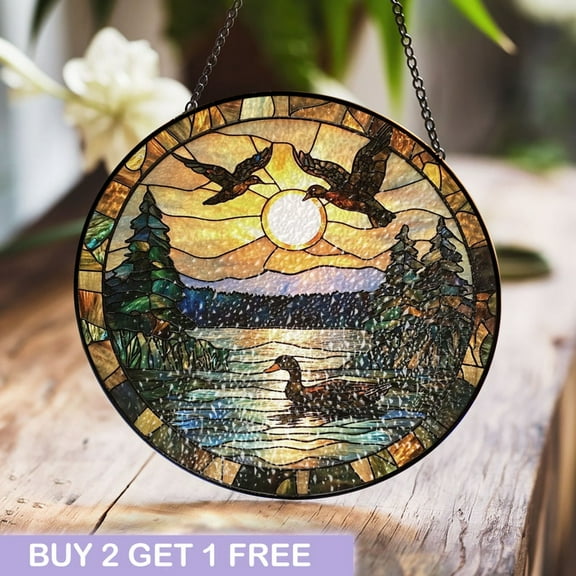 Stained Glass Duck Lake Scene with Sunset Window Hanging, Peaceful Nature-Inspired Decor
