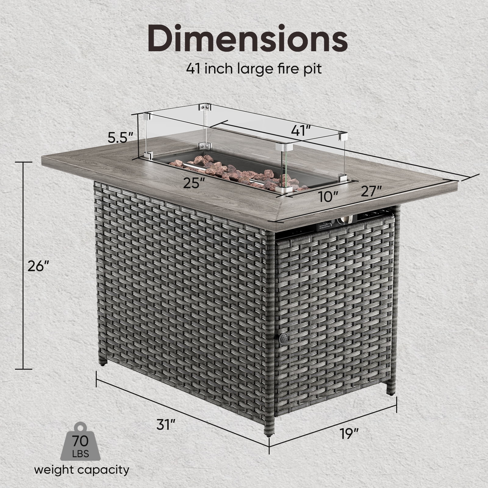 Gymojoy Gray 41 in. 50000 BTU Rectangular Wicker and Metal Propane Outdoor Dining Fire Pit Table with Glass Wind Guard Lid,Lava Rocks