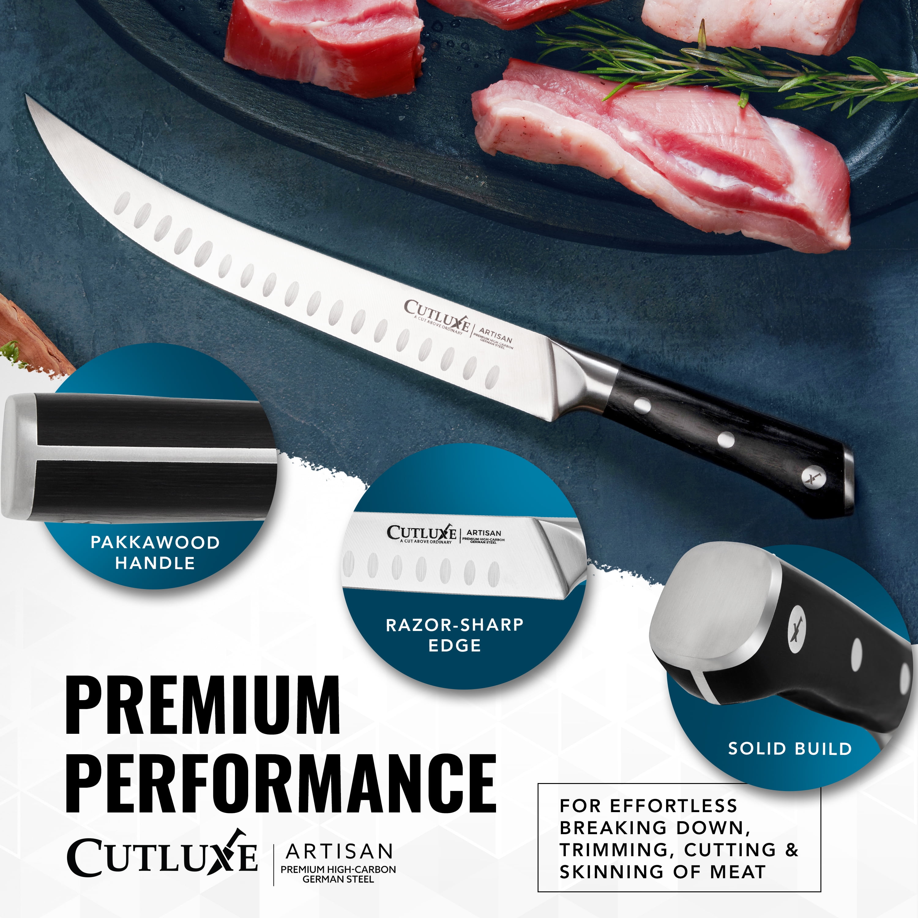 Cutluxe 10" Butcher Cimeter Knife, Ultra Sharp German Steel Blade