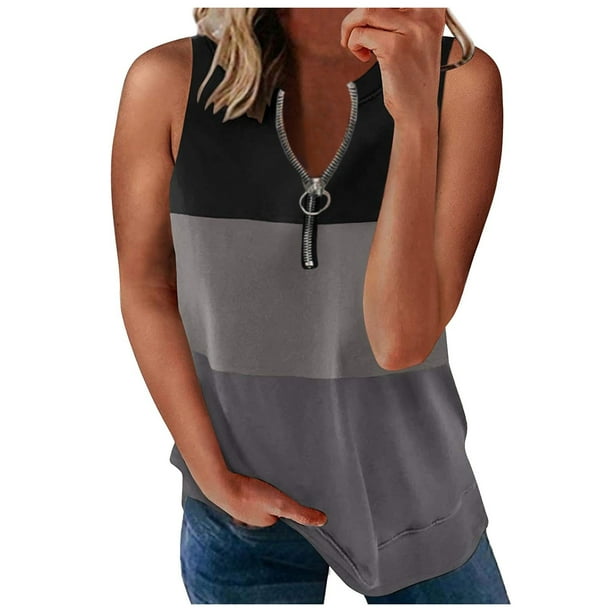 Chaleco estampado informal a la moda para mujer, camiseta holgada sin mangas con cuello en V y cremallera, Tops Pompotops lopia997546