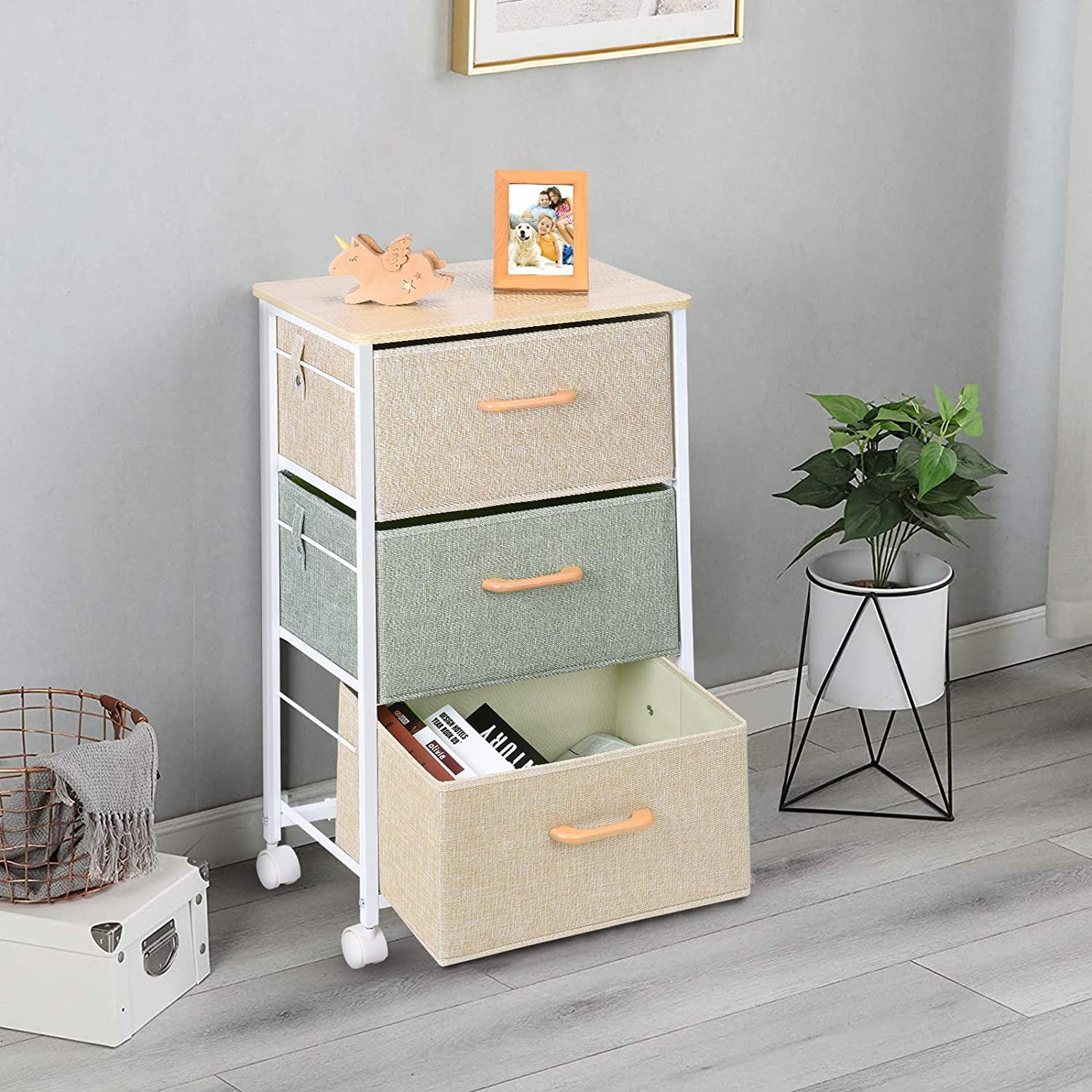 3 Drawer Fabric Dresser with Wheels, Large Capacity Vertical Storage