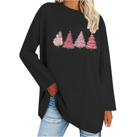 GA WEIHUA Clearance Sale,Christmas crew Neck Shirt for Women Funny Xmas tree Long Sleeve Graphic Tee Holiday Family Party Winter Tops(Black,Large)