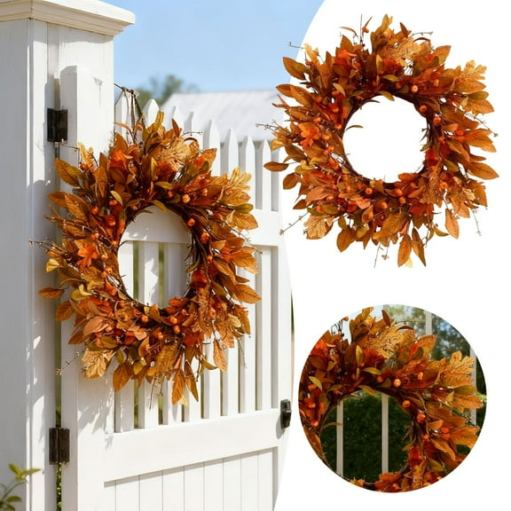 18 Inch Fall Wreath for Front Door Autumn Artificial Wreath with Fallen Leaves Small Pumpkin Thanksgiving Halloween Farmhouse Indoor Outdoor Decor Outside Home Seasonal Decoration