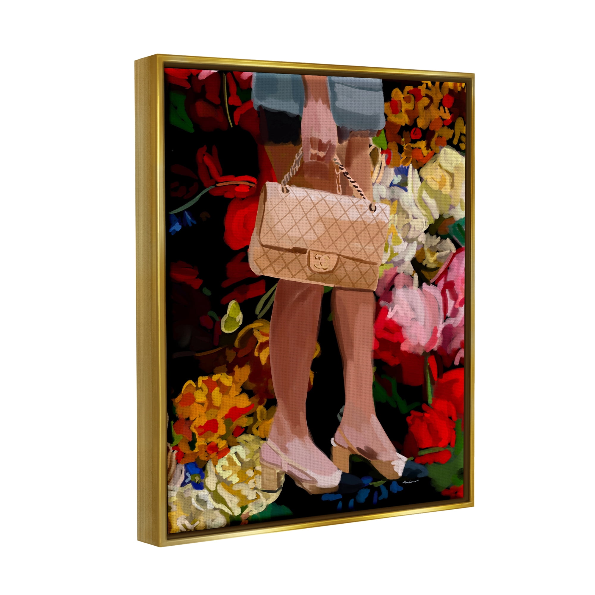 Stupell Industries Trendy Girl with Handbag Beauty & Fashion Painting Gold Floater Framed Art Print Wall Art, 17 x 21