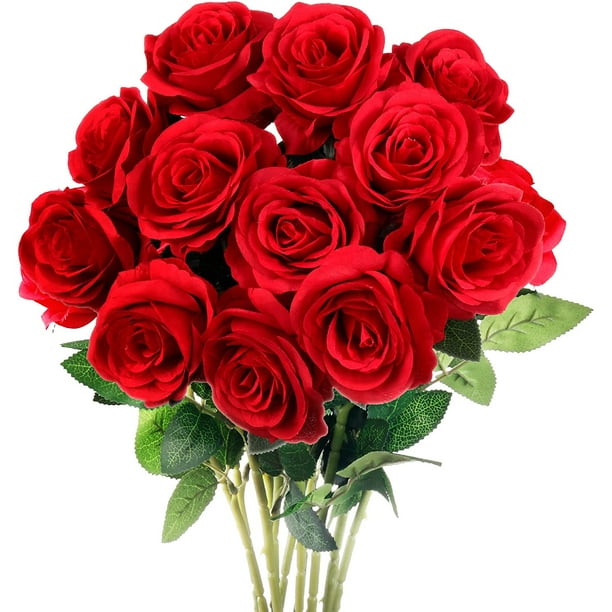 Mocoosy 12 Pcs Red Artificial Rose Flowers Realistic Blossom Fake Roses with Long Stems Single Silk Roses Flower Bouquet Arrangement for Valentine s