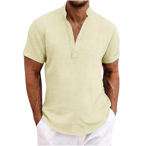 QTBIUQ Mens Collared Short Sleeve Button Shirt Casual Solid Color V-Neck Top Lightweight Fashion Tee Beige