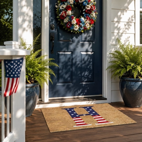 Patriotic Monogram H Welcome Doormat, 4th of July Non-Slip Entryway Rug, Durable Coir Mat for Front Door, 50x80cm