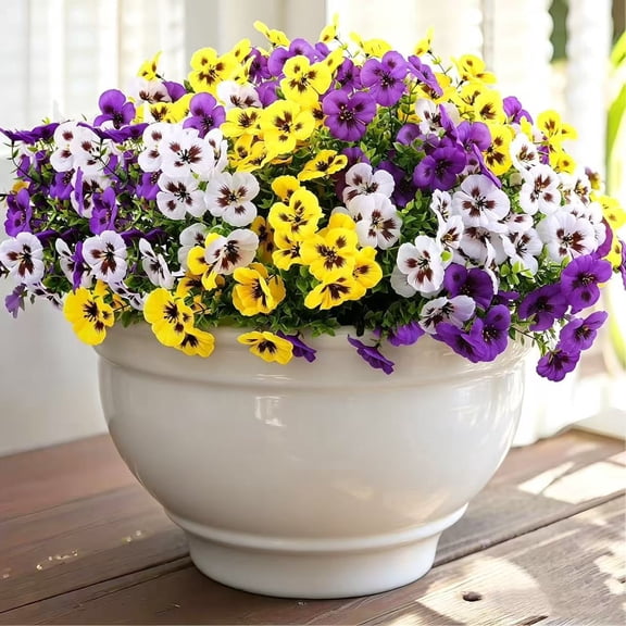 18pcs Artificial Pansy Flowers – Faux Silk Spring Flowers in Purple, Yellow & White for Outdoor and Indoor Decor, Planters, Window Boxes, Porches, Patios, Yards, and Home
