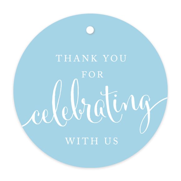 Andaz Press Circle Gift Tags, Thank You for Celebrating with Us, Baby Blue, 24-Pack, Round Thanks Tag for Baby Bridal Wedding Shower, Anniversary Celebration, Graduation, Christmas, Birthday, Baptism