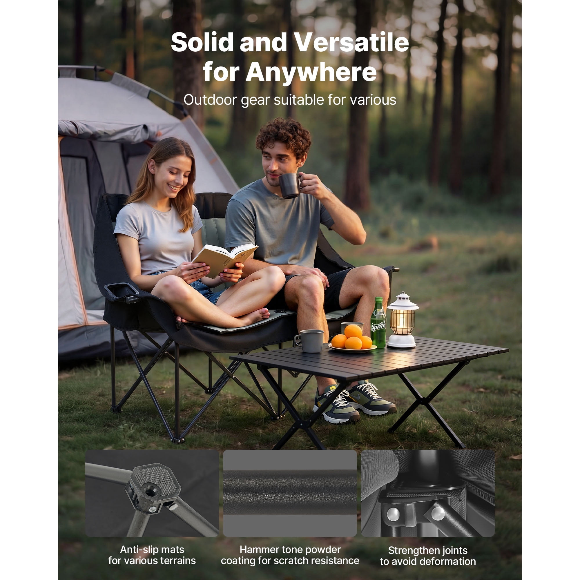 KFFKFF Double Camping Chair for Two, Sturdy Design with 660 lbs Weight Capacity, Includes Cup Holders, Wine Glass Slots, Magazine Straps, and Carry Bag for Outdoor Activities, Beach Use, Single Pack