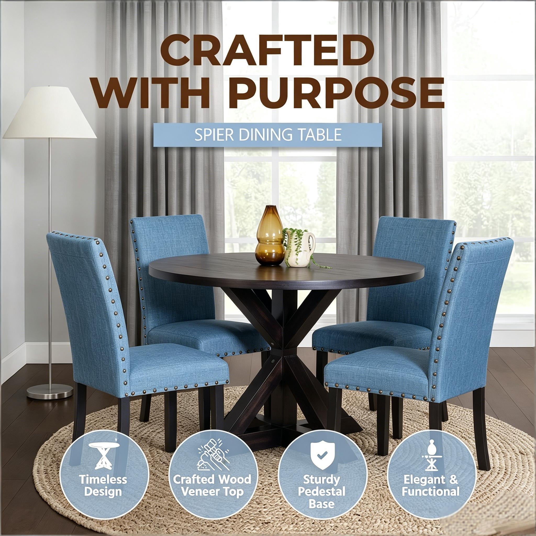 Howcool 5-Piece Round Cross-Buck Dining Table Set, Solid Rubberwood Base with 4 Velvet Upholstered Chic Chairs, Dark Black Finish for Kitchen & Dining Room