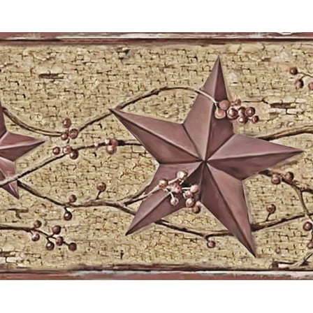 Dundee Deco Self Adhesive Wallpaper Border - Patriotic Beige, Maroon Red Tin Star, Berries on Vine, 15 ft x 7 in