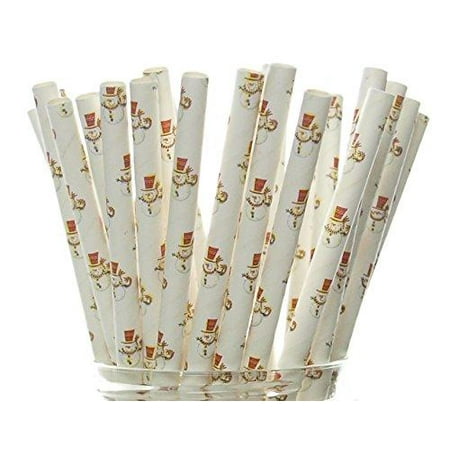 Snowman Straws (25 Pack) - Frosted Snowmen Drinking Straws, Winter Snow Holiday Party Supplies, Paper Straws for Christmas Table Decor, Stocking Stuffer Gift