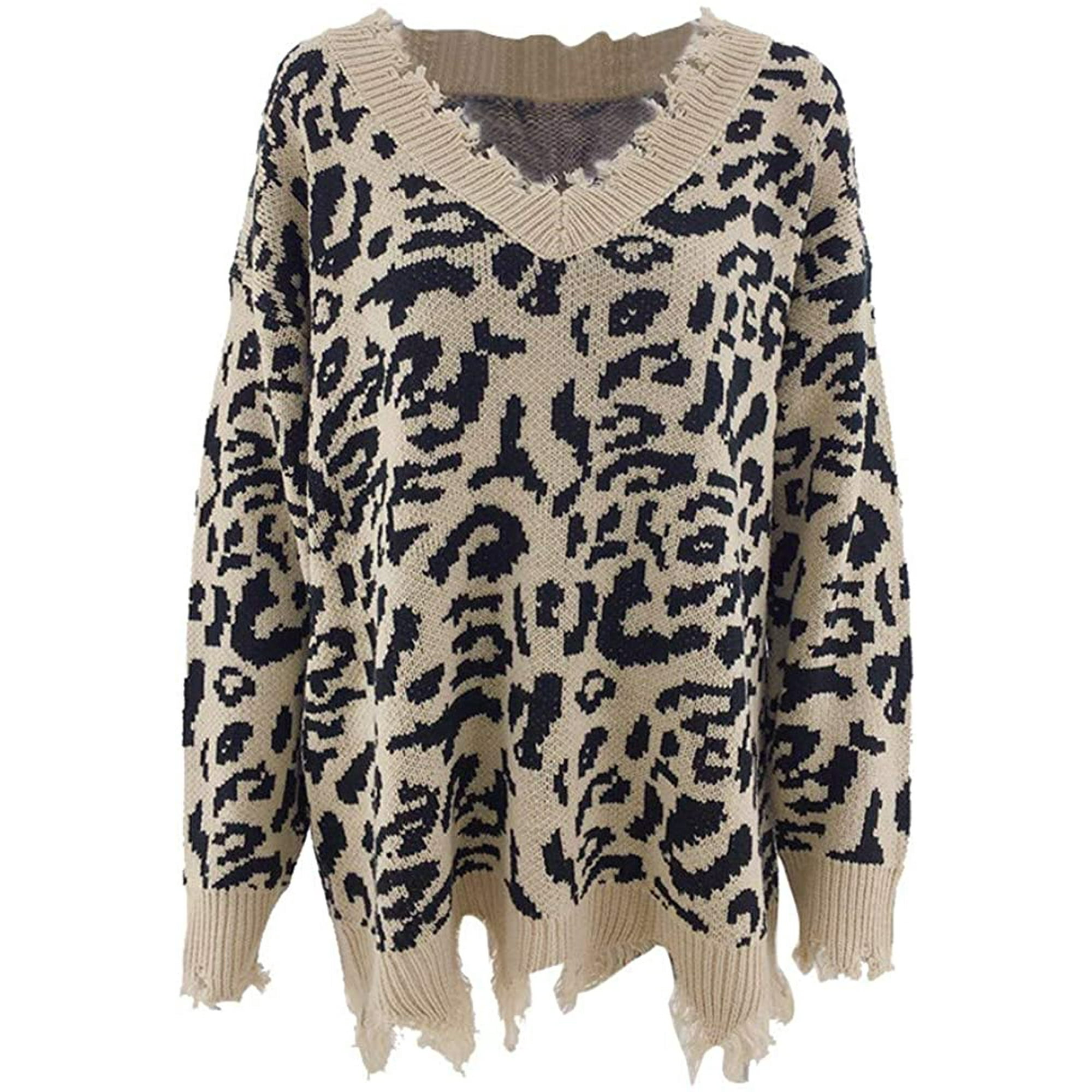 Women Winter Sweaters Leopard Print Ripped Sweater V Neck Elegant Distressed Knit Pullover Jumper Top