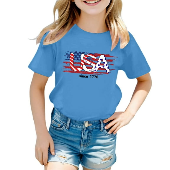 Wangmeiwg Girl's 4th Of July Patriotic Short Sleeve T Shirt Cute Independence Day Flag Print Tee Comfortable Casual Summer Top For Toddler Kids Girls Outfits Size 5