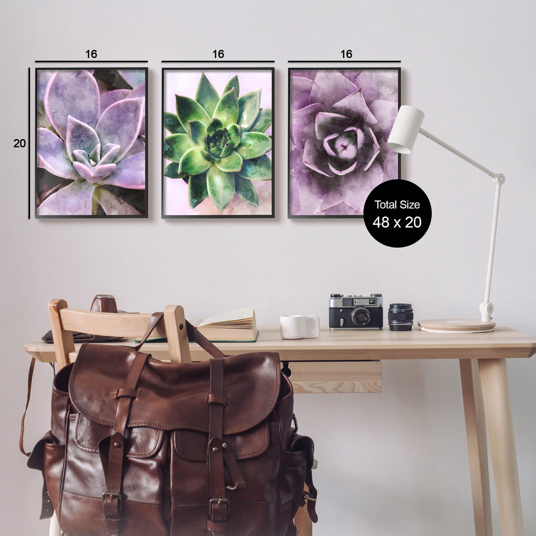 Purple Sprouting Succulents Close Up Botanical & Floral Graphic Art Black Framed Art Print Wall Art, Set of 3