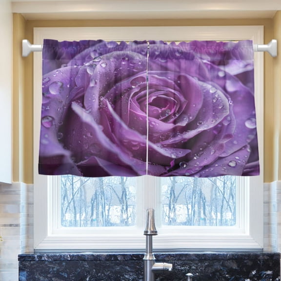 Ryvnso Purple Rose Flowers Half Curtains Sets Tier 2 Panels Short Curtain Rod Pocket 27"W x 24"L