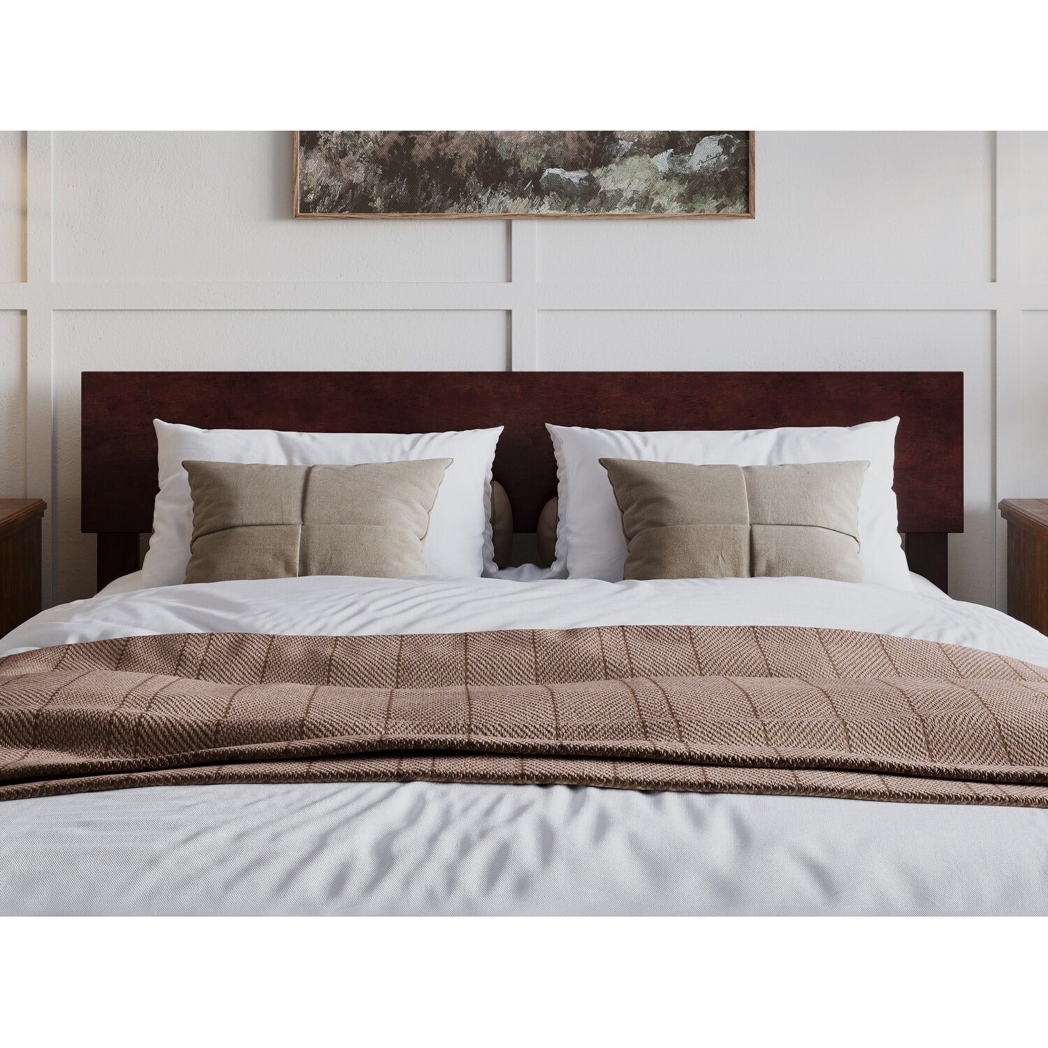 AFI Orlando Queen Modern Solid Wood Panel Headboard With Attachable Charger, Light Toffee