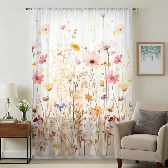 Colorful Wildflower Sheer Curtains 84 Inches Long, Botanical Vintage Floral Country Retro Light Filering Curtains, Breathable Simi Curtain Privacy Drapes for Living Room Bedroom Window Treatment