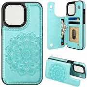 HBMYN for Iphone 14 Pro Case with Card Holder,Flower Magnetic Back Flip Wallet Case for Women,Protective Case Phone Case for Iphone 14 Pro,Wallet Phone Case Mint