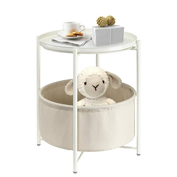danpinera Side Table with Fabric Storage Basket End Table with Removable Tray for Living Room, Bedroom - White